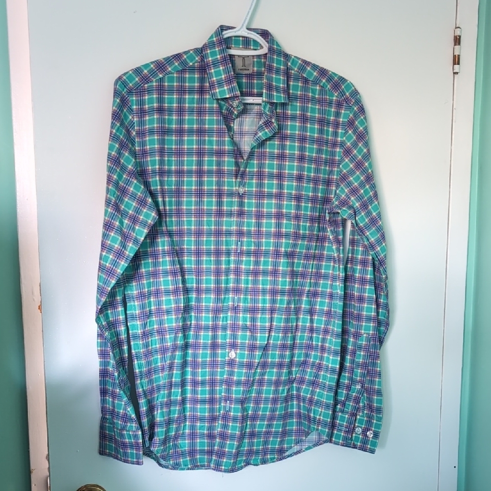 Tristan Fitted Colorful Plaid (?) Button Down Top
